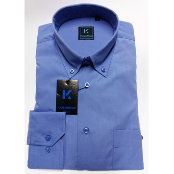 Camisa hombre lisa azulón algodón manga larga botones bolsillo KAMISERUM Azulón