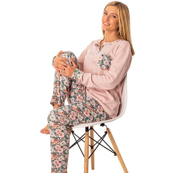 Pijama invierno mujer flores bolsillo LENNIS Rosa