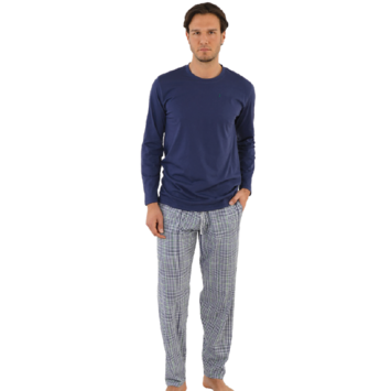 Pijama hombre largo algodón cuadros Marino