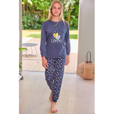 Pijama niña largo puño corazones Mushler Marino