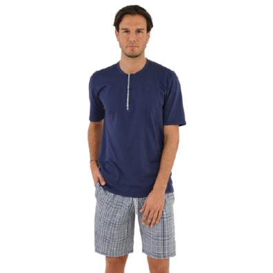 Pijama hombre corto algodón cuadritos Marino