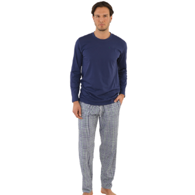 Pijama hombre largo algodón cuadros Marino