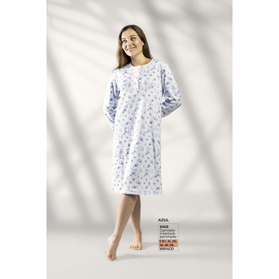 Camisón mujer manga larga algodón LIN Azul